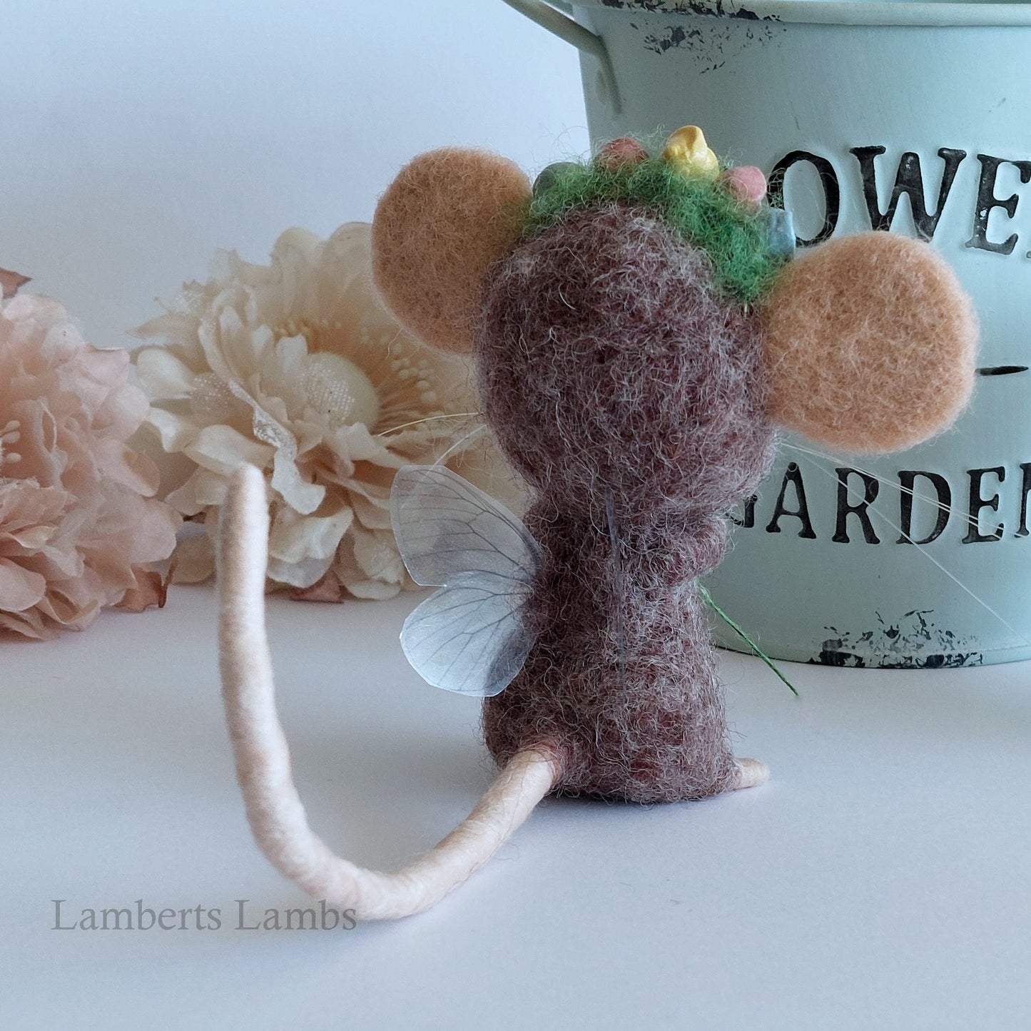 Handmade Brown needle felted mouse fairy with flowers