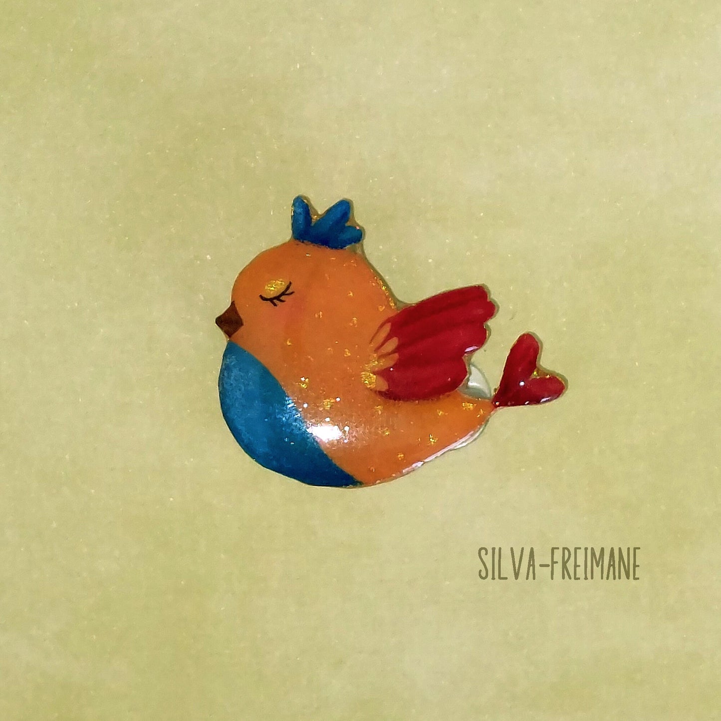 Whimsical yellow bird shrink plastic pin