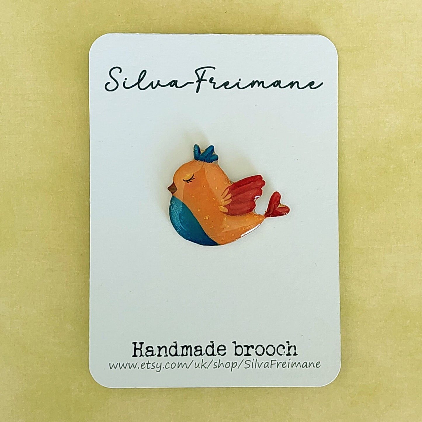 Whimsical yellow bird shrink plastic pin