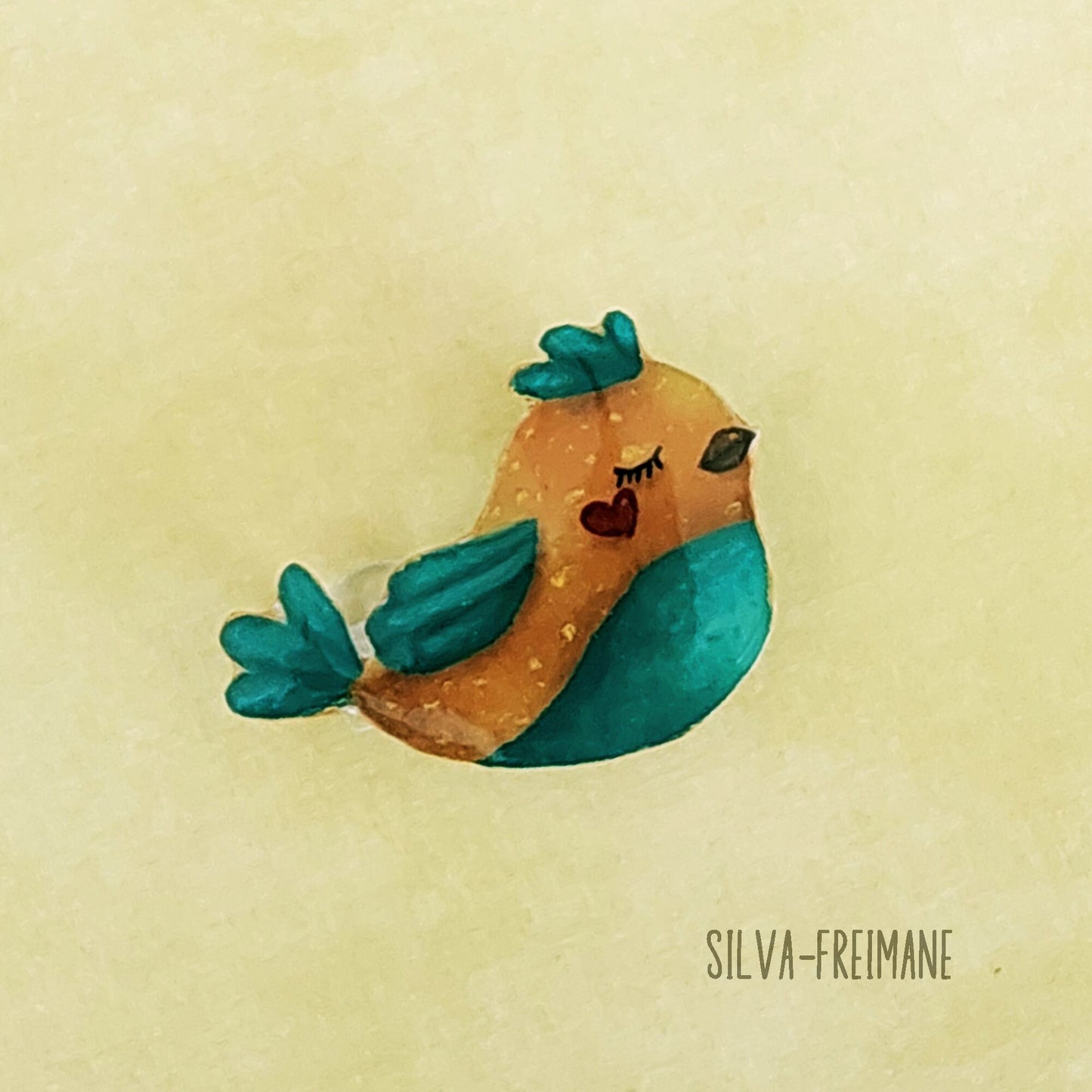 Modern hand painted Yellow and green Bird Brooch created on shrink plastic