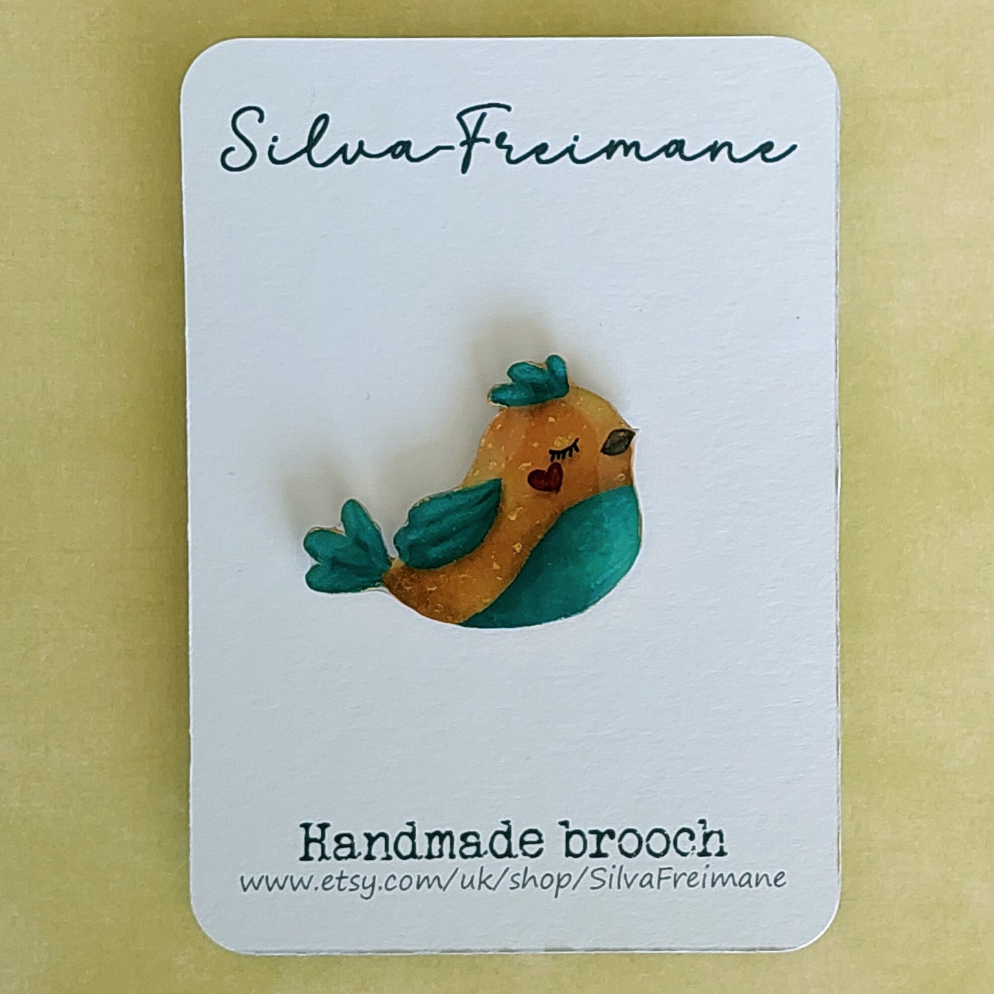Modern hand painted Yellow and green Bird Brooch created on shrink plastic