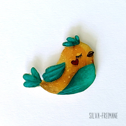 Modern hand painted Yellow and green Bird Brooch created on shrink plastic