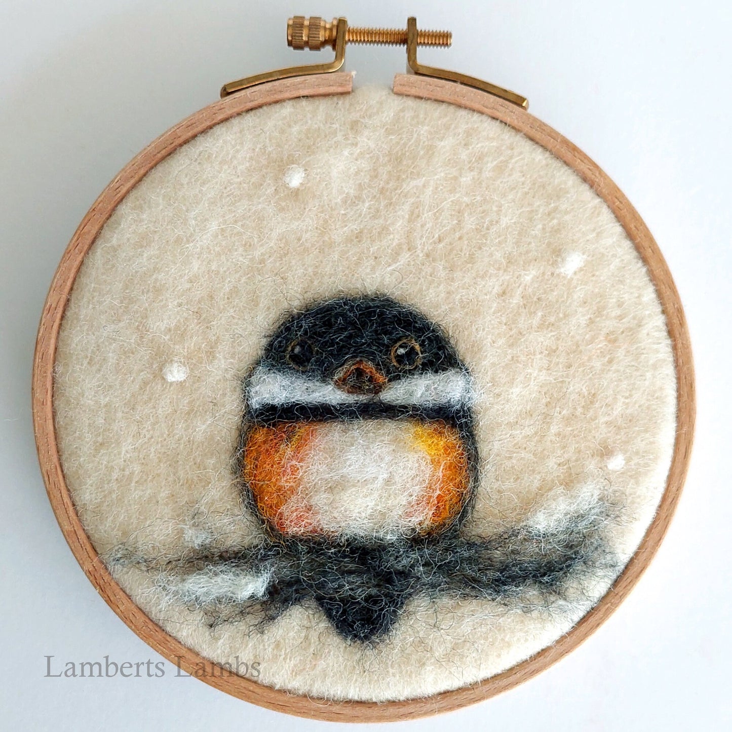 Chickadee Wool painting in a wooden hoop, bird nook art, bird needle felted painting