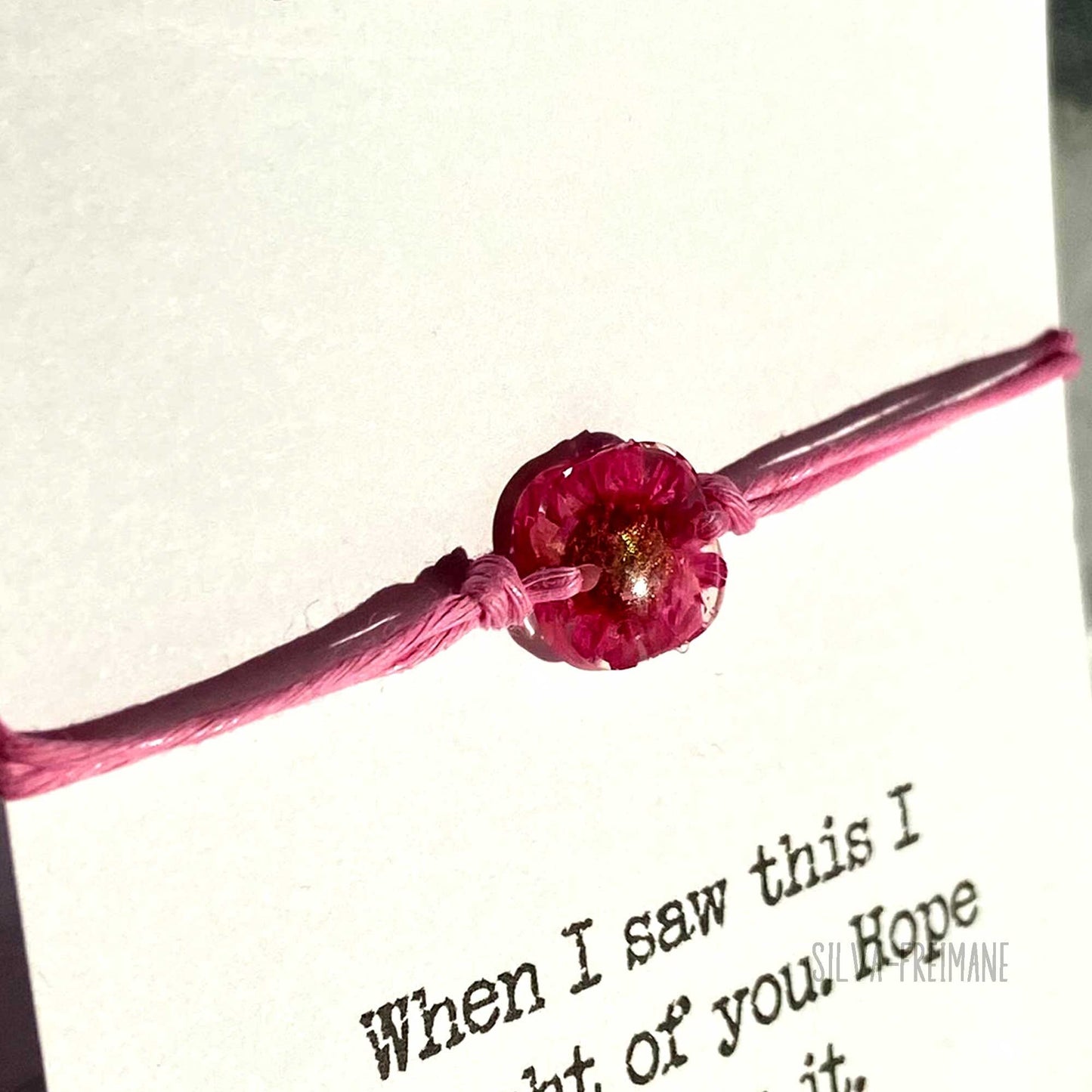 Small Dark Pink Flower String bracelet, Friendship bracelet, pressed flower bracelet