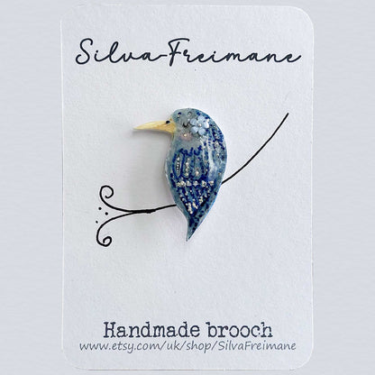 Whimsical Crow Brooch/ Pin, Modern hand painted Crow Brooch Pin