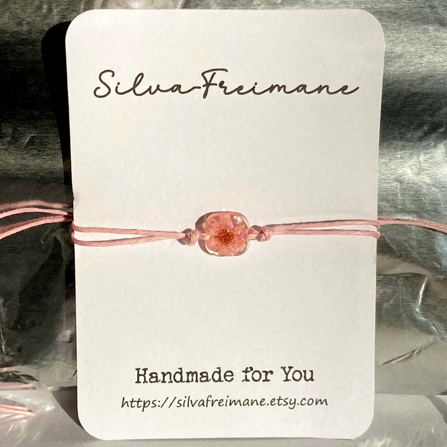 Small Light Pink Flower String bracelet, Friendship bracelet, mininalist bracelet with pressed flower,  handmade personalized bracelet