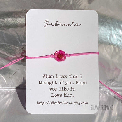 Small Dark Pink Flower String bracelet, Friendship bracelet, pressed flower bracelet