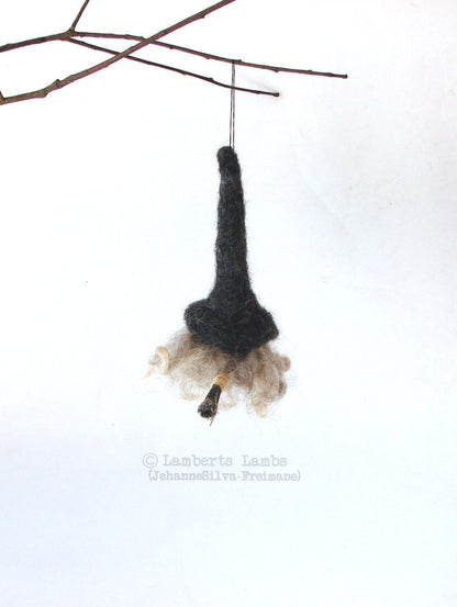 Needle Felted Gnome Witch Flying on a Broom, kitchen witch, Needle felted gnome,  Needle Felted Witch